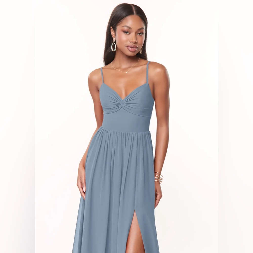 NWT Azazie Zeya Dusty Blue Ruched Chiffon Maxi Dress Bridesmaid Gown Women's A12 - Picture 5 of 8